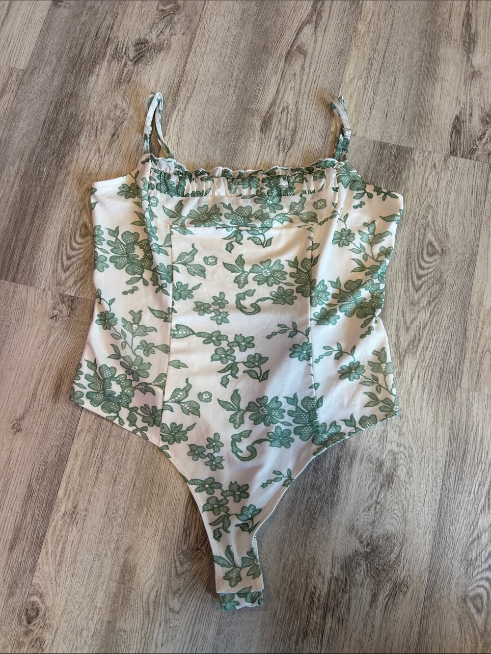 Princess Polly Green & Ivory Floral Mesh Ruffle Trim One-Piece Camisole Bodysuit